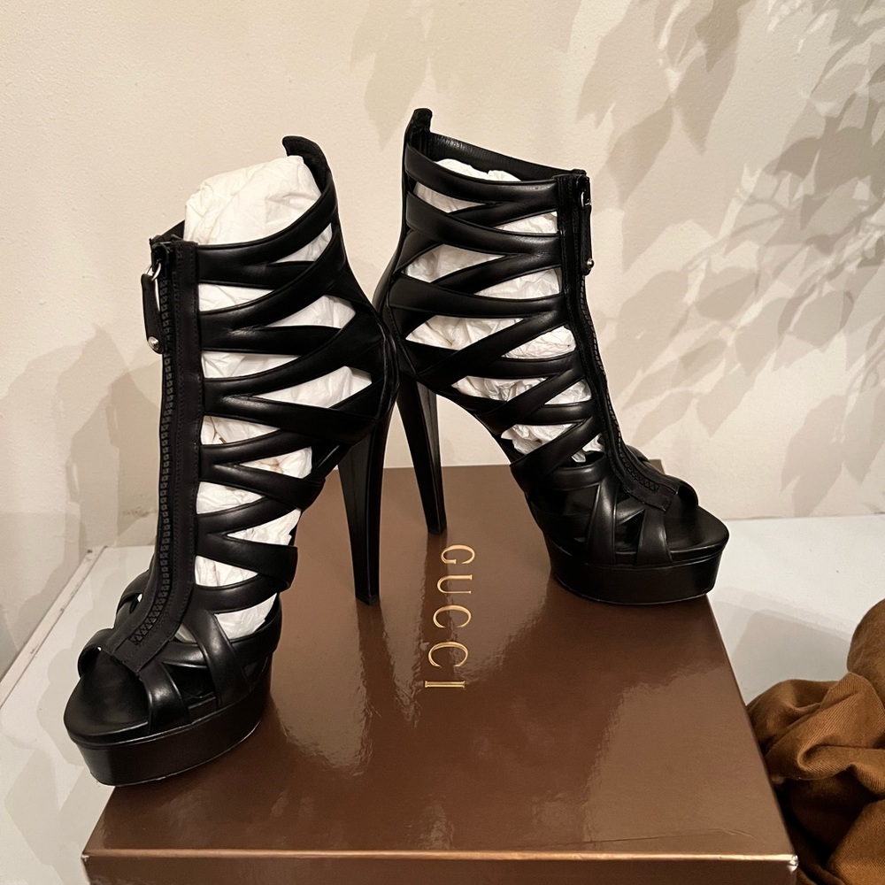 Gucci Black Leather Lifford Cage Platform Sandals Size 38 - Picture 2 of 9